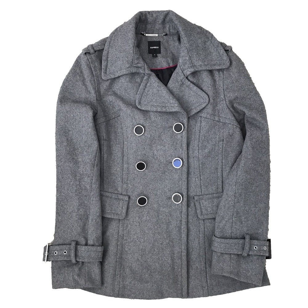 Express Double Breasted Pea Coat Wool Blend Gray Womens Med Military Victorian
